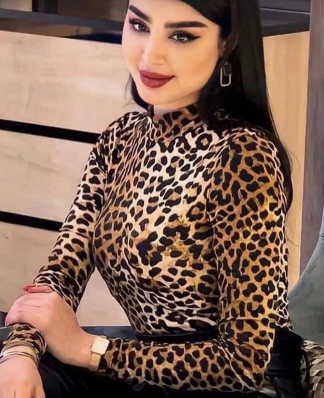 Brown Women's Leopard Patterned Lycra Fabric Blouse
