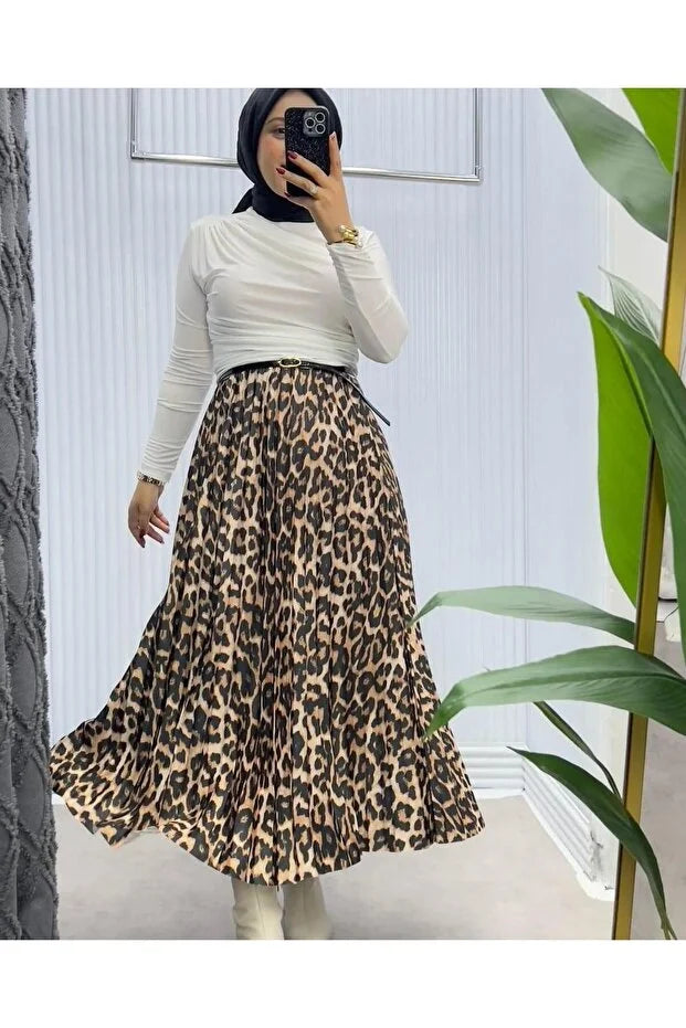 General Brands Women’s Leopard Print Pleated Skirt with Elastic Waist - MRS.IDEA