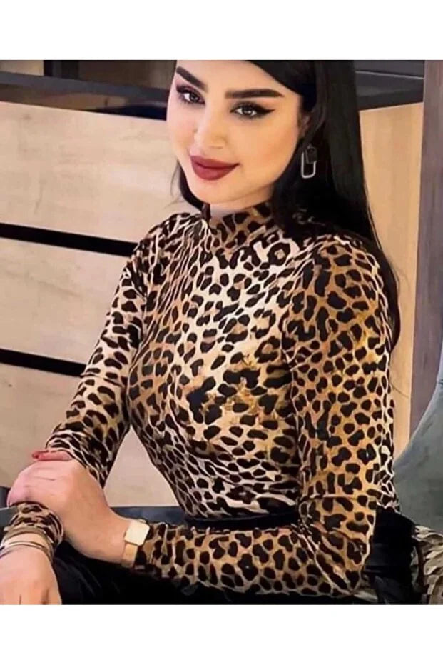 Brown Women’s Leopard Print Stretch Fabric Blouse - MRS.IDEA
