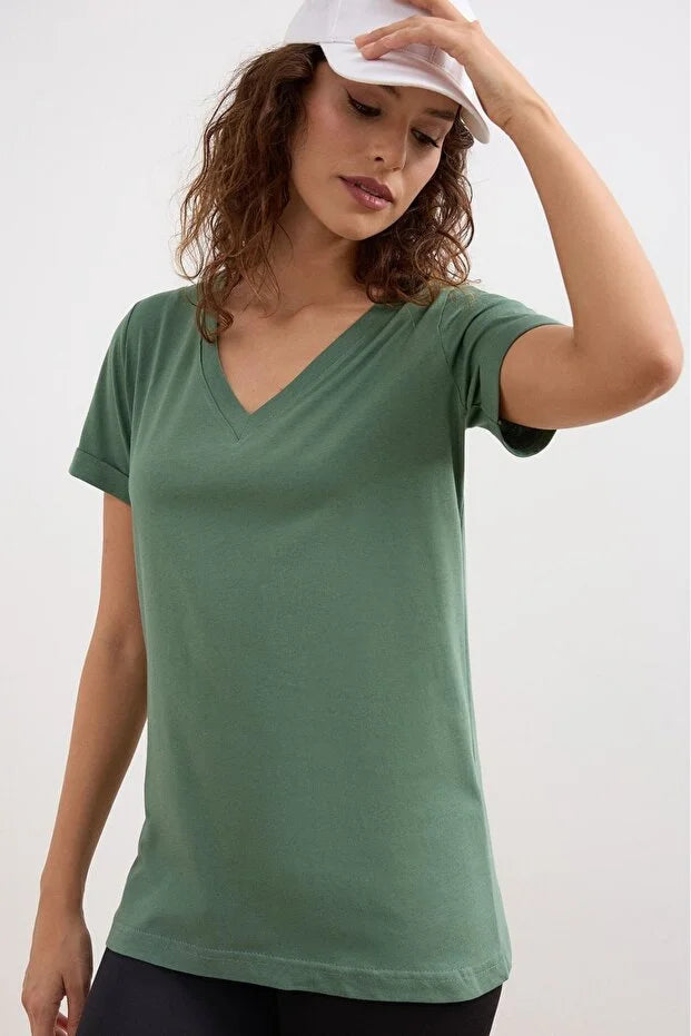 Women’s Grey V-Neck Basic Knitted Cotton Jersey T-Shirt - MRS.IDEA
