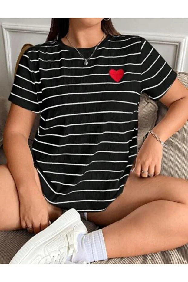 Women’s Black Oversized Striped Crew Neck T-Shirt with Heart Detail - MRS.IDEA