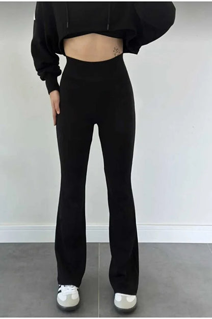 High-Waist Flared Cotton Leggings with Wide Belt - MRS.IDEA