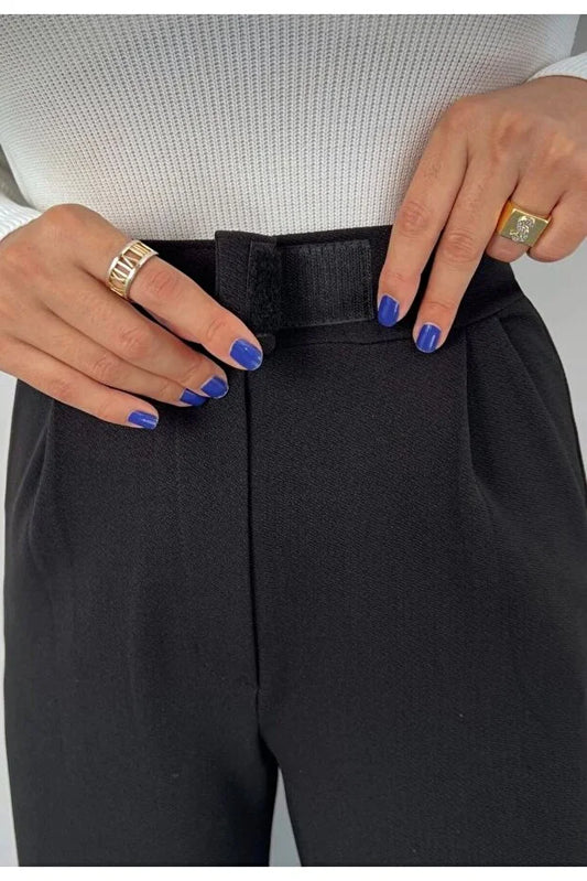 Women’s Black High-Waist Velcro Closure Plaza Pants - MRS.IDEA