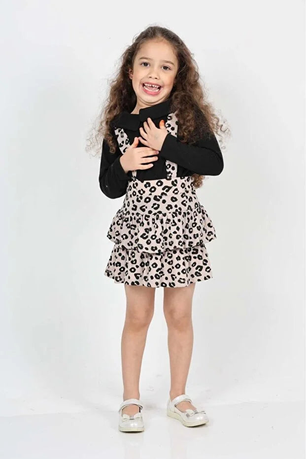 Girls’ Helen Leopard Layered Tie-Strap Pinafore Dress with Long-Sleeve Baby Collar Blouse Set - MRS.IDEA