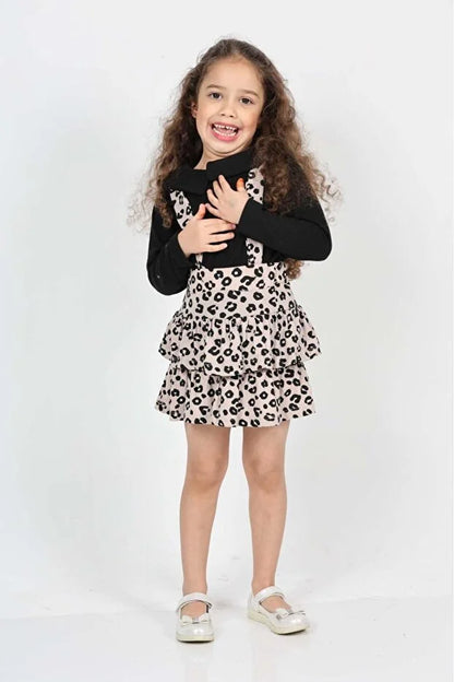 Girls’ Helen Leopard Layered Tie-Strap Pinafore Dress with Long-Sleeve Baby Collar Blouse Set - MRS.IDEA