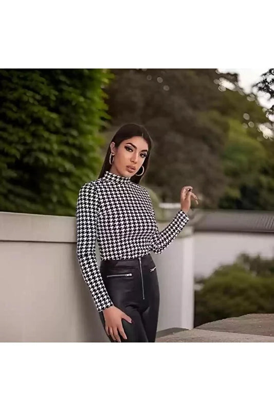 Women’s Black and White Houndstooth Pattern Half-Turtleneck Basic Body - MRS.IDEA