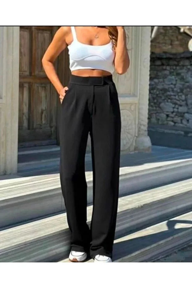 Women’s Black High-Waist Velcro Closure Plaza Pants - MRS.IDEA