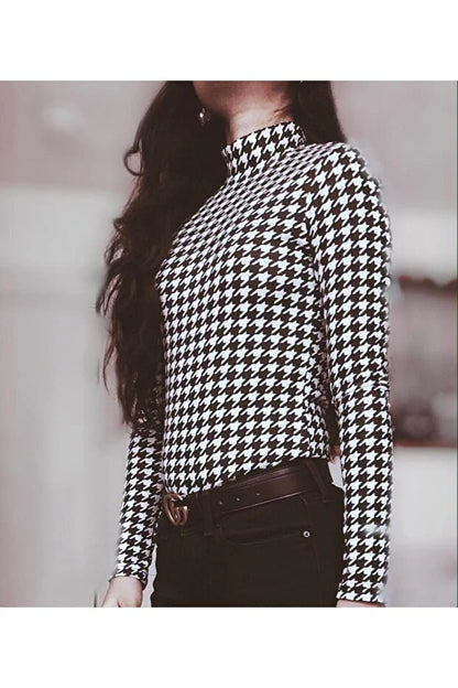 Women’s Black and White Houndstooth Pattern Half-Turtleneck Basic Body - MRS.IDEA