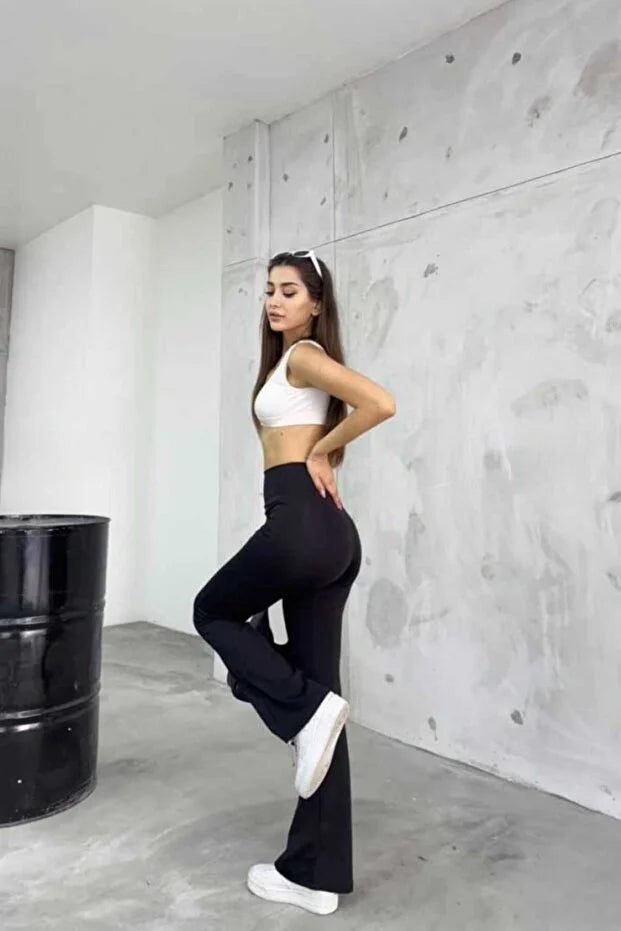 High-Waist Flared Cotton Leggings with Wide Belt - MRS.IDEA