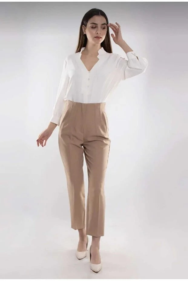 Women’s High-Waist Pleated Fabric Pants - MRS.IDEA
