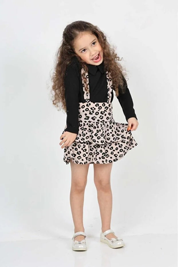 Girls’ Helen Leopard Layered Tie-Strap Pinafore Dress with Long-Sleeve Baby Collar Blouse Set - MRS.IDEA