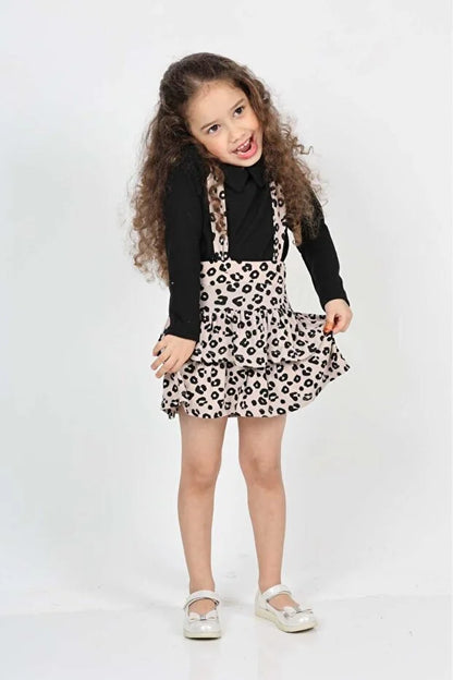 Girls’ Helen Leopard Layered Tie-Strap Pinafore Dress with Long-Sleeve Baby Collar Blouse Set - MRS.IDEA