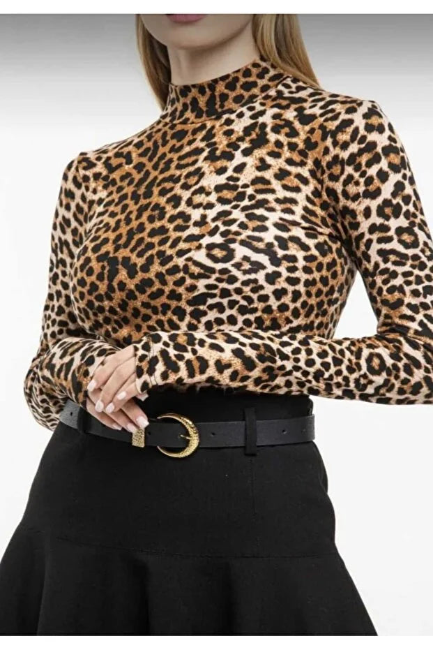 Brown Women’s Leopard Print Stretch Fabric Blouse - MRS.IDEA