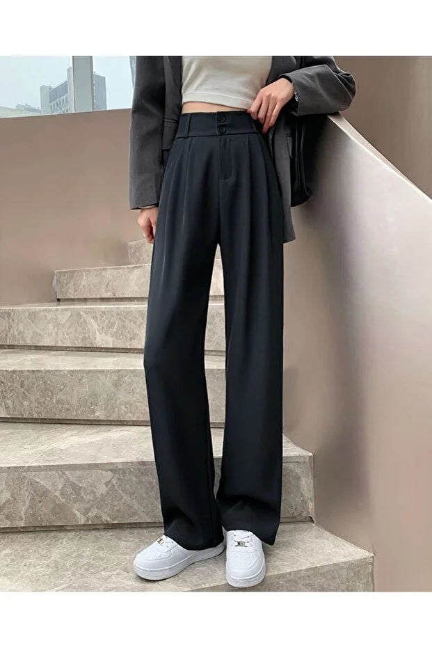Women’s High-Waist Double-Button Detail Palazzo Pants - MRS.IDEA