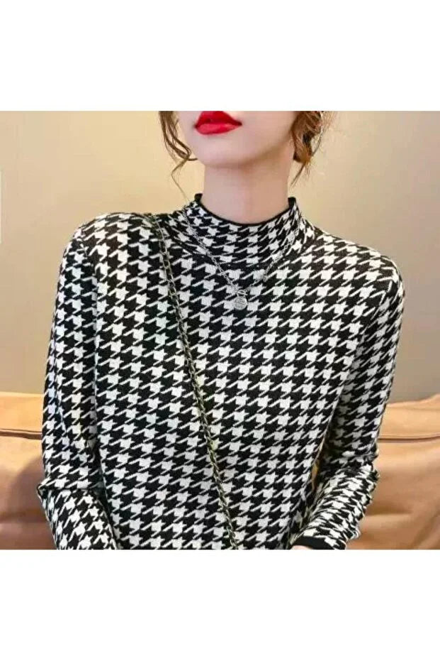 Women’s Black and White Houndstooth Pattern Half-Turtleneck Basic Body - MRS.IDEA