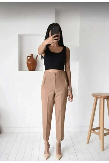 Women’s High-Waist Pleated Fabric Pants - MRS.IDEA