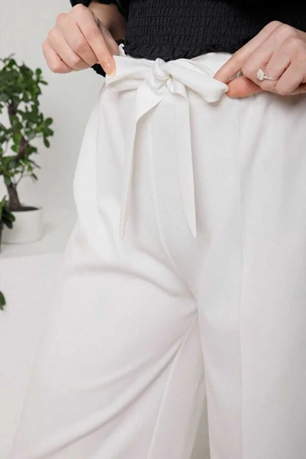 Women’s Crepe Wide-Leg Pants with Drawstring Waist - MRS.IDEA