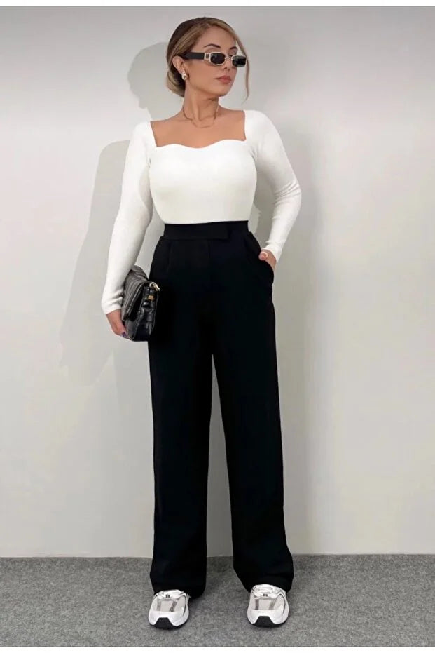 Women’s Black High-Waist Velcro Closure Plaza Pants - MRS.IDEA