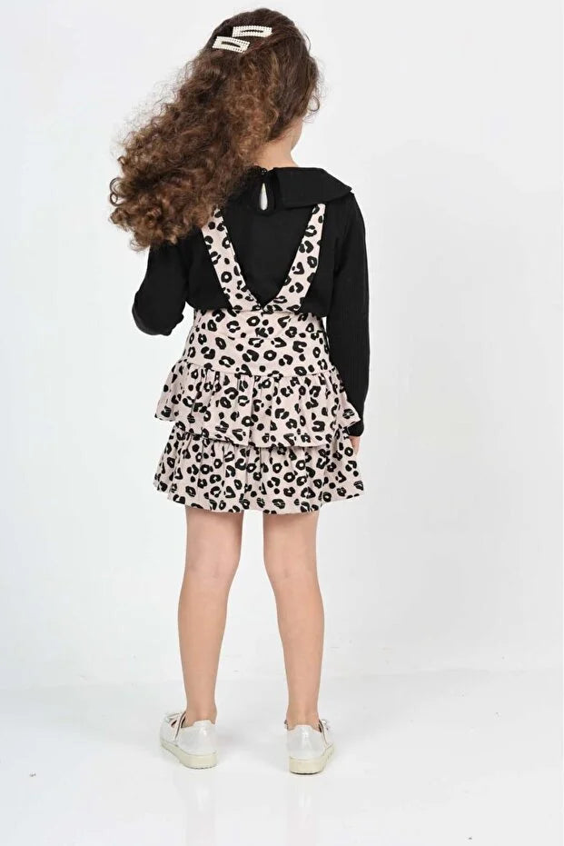 Girls’ Helen Leopard Layered Tie-Strap Pinafore Dress with Long-Sleeve Baby Collar Blouse Set - MRS.IDEA