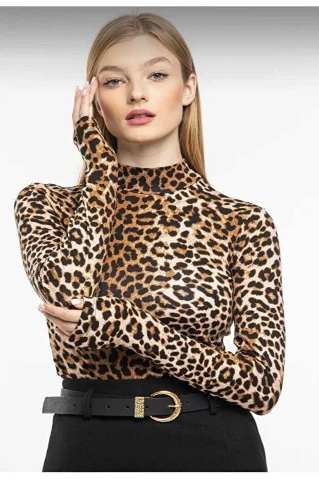Brown Women’s Leopard Print Stretch Fabric Blouse - MRS.IDEA