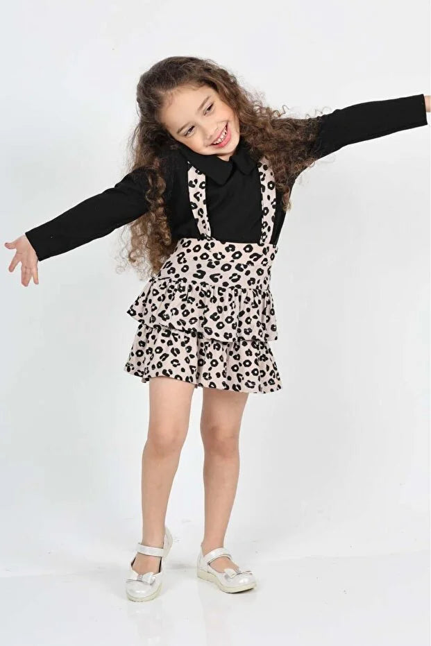 Girls’ Helen Leopard Layered Tie-Strap Pinafore Dress with Long-Sleeve Baby Collar Blouse Set - MRS.IDEA