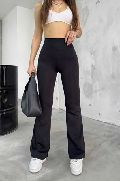 High-Waist Flared Cotton Leggings with Wide Belt - MRS.IDEA