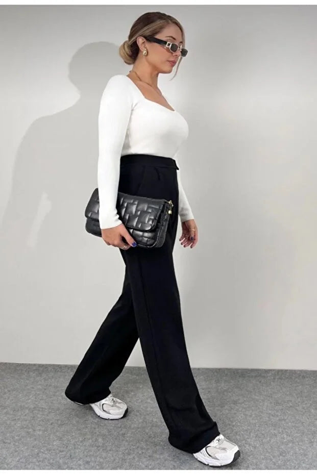 Women’s Black High-Waist Velcro Closure Plaza Pants - MRS.IDEA