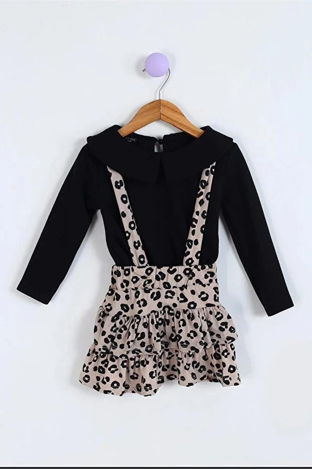 Girls’ Helen Leopard Layered Tie-Strap Pinafore Dress with Long-Sleeve Baby Collar Blouse Set - MRS.IDEA