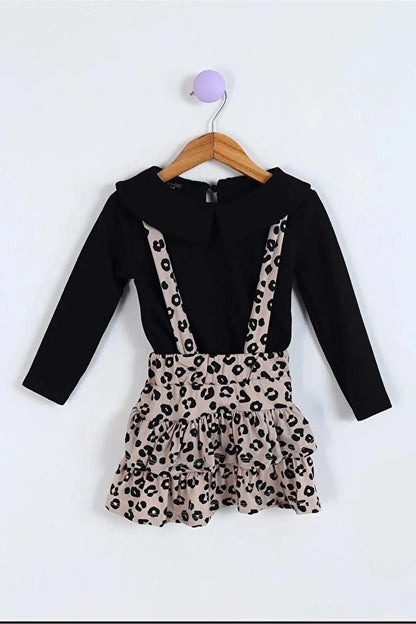 Girls’ Helen Leopard Layered Tie-Strap Pinafore Dress with Long-Sleeve Baby Collar Blouse Set - MRS.IDEA