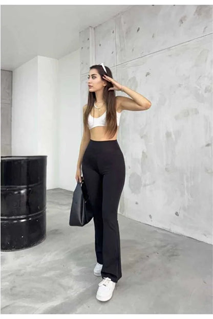 High-Waist Flared Cotton Leggings with Wide Belt - MRS.IDEA