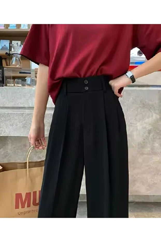 Women’s High-Waist Double-Button Detail Palazzo Pants - MRS.IDEA