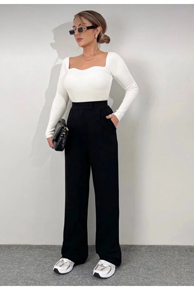 Women’s Black High-Waist Velcro Closure Plaza Pants - MRS.IDEA