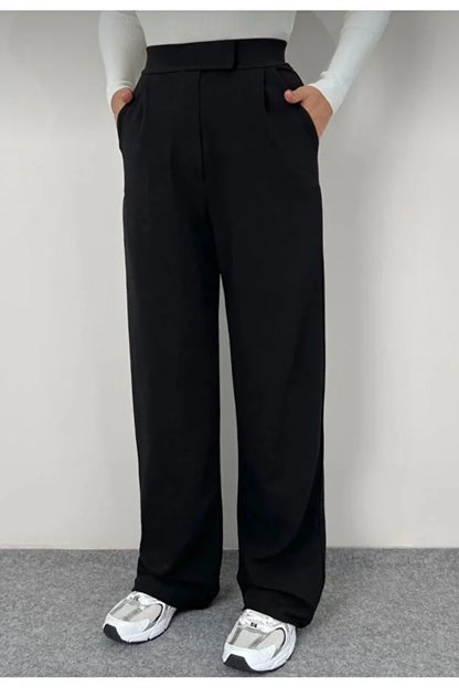 Women’s Black High-Waist Velcro Closure Plaza Pants - MRS.IDEA