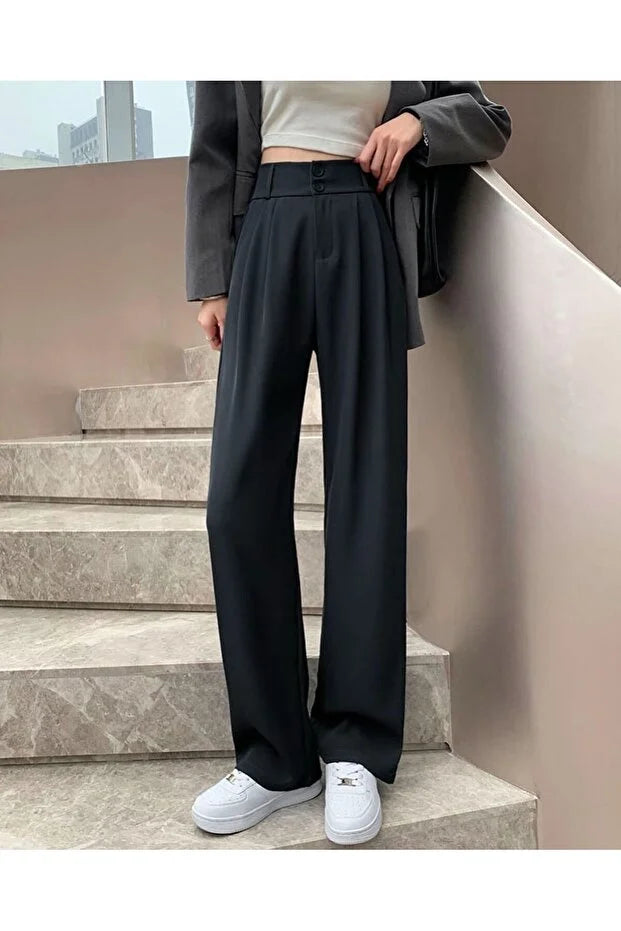 Women’s High-Waist Double-Button Detail Palazzo Pants - MRS.IDEA