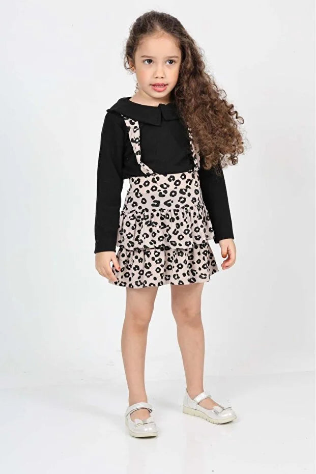 Girls’ Helen Leopard Layered Tie-Strap Pinafore Dress with Long-Sleeve Baby Collar Blouse Set - MRS.IDEA