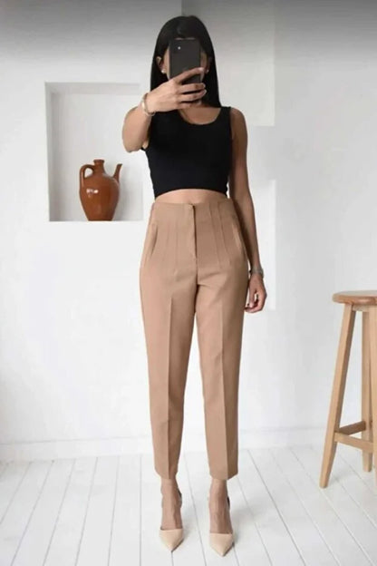 Women’s High-Waist Pleated Fabric Pants - MRS.IDEA