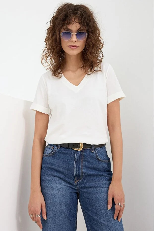 Women’s Grey V-Neck Basic Knitted Cotton Jersey T-Shirt - MRS.IDEA