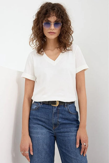 Women’s Grey V-Neck Basic Knitted Cotton Jersey T-Shirt - MRS.IDEA