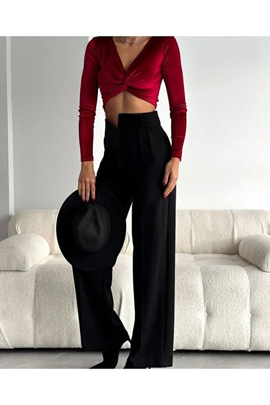 Women’s Black High-Waist Velcro Closure Plaza Pants - MRS.IDEA