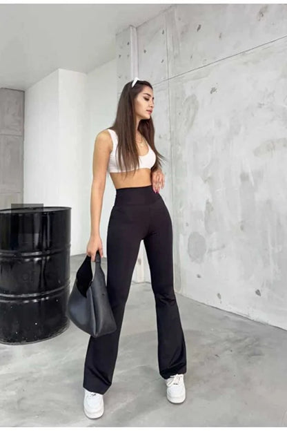 High-Waist Flared Cotton Leggings with Wide Belt - MRS.IDEA