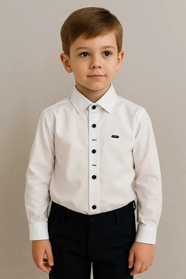White Boys’ Long-Sleeve Buttoned Classic Shirt - MRS.IDEA