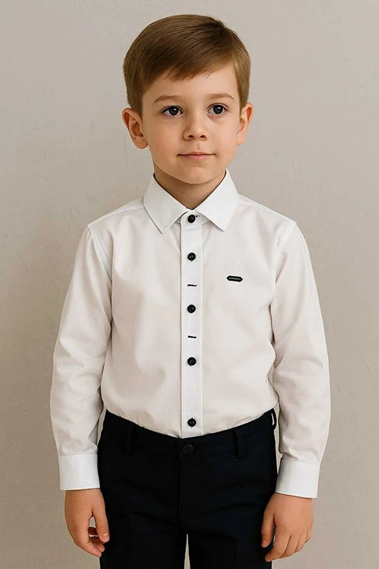 White Boys’ Long-Sleeve Buttoned Classic Shirt - MRS.IDEA