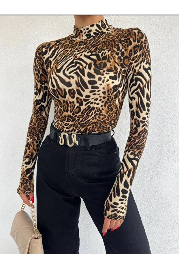 Markatrend Women’s Leopard Print Stretch Fabric Blouse – Mix Leopard - MRS.IDEA