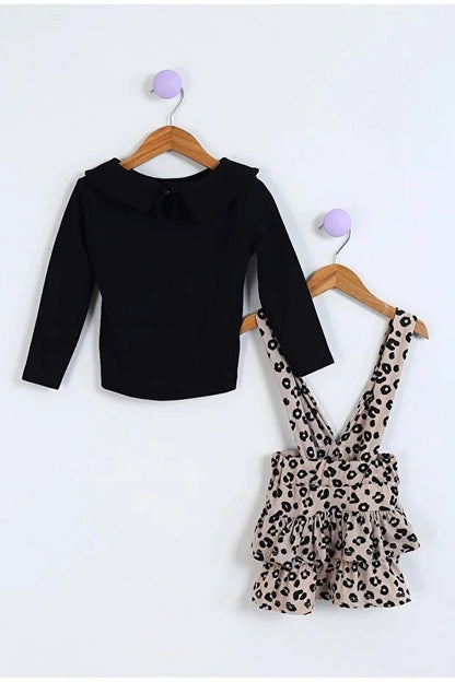 Girls’ Helen Leopard Layered Tie-Strap Pinafore Dress with Long-Sleeve Baby Collar Blouse Set - MRS.IDEA