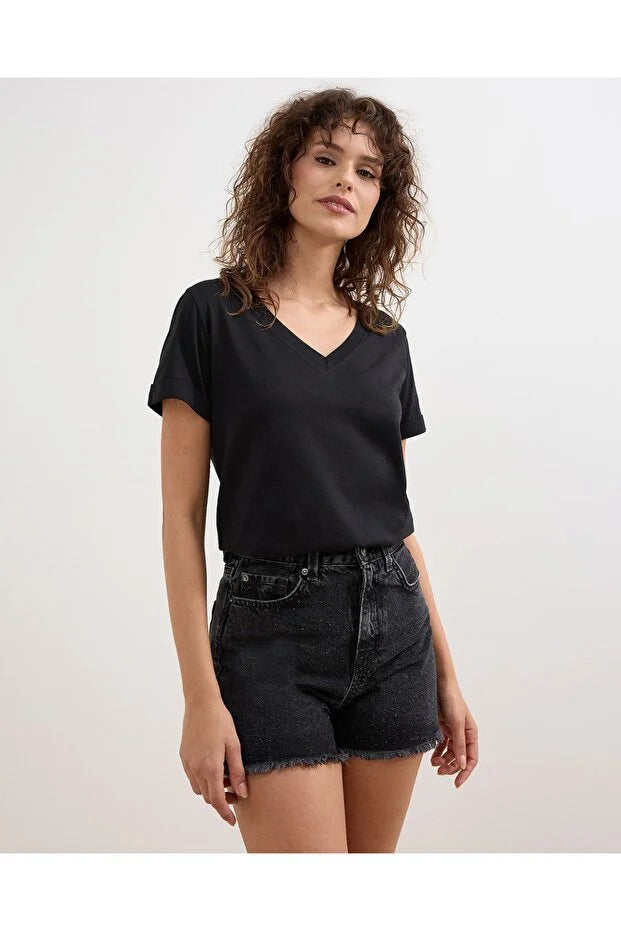 Women’s Grey V-Neck Basic Knitted Cotton Jersey T-Shirt - MRS.IDEA