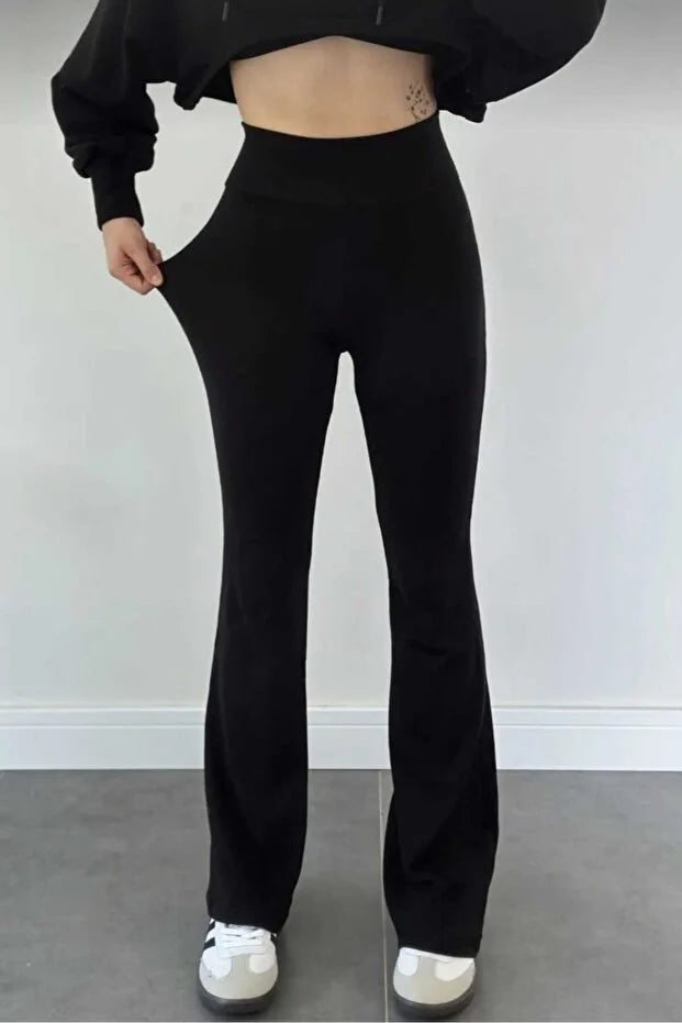 High-Waist Flared Cotton Leggings with Wide Belt - MRS.IDEA