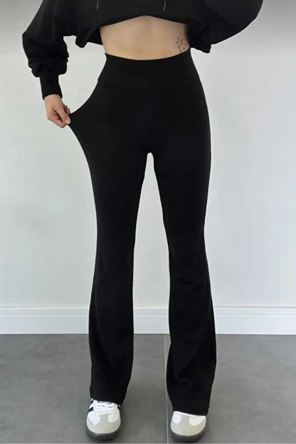 High-Waist Flared Cotton Leggings with Wide Belt - MRS.IDEA