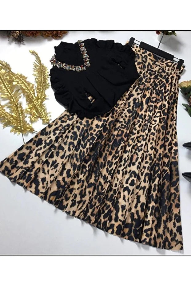 General Brands Women’s Leopard Print Pleated Skirt with Elastic Waist - MRS.IDEA