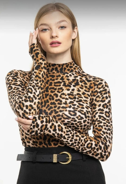 Brown Women's Leopard Patterned Lycra Fabric Blouse