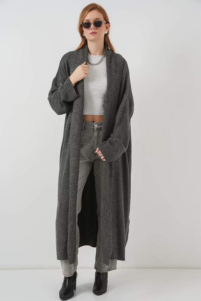 Grey Cardigan With Oversized Fit And Shawl Collar - MRS.IDEA